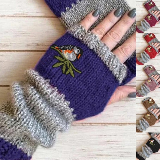 Warm Patchwork Embroidered Gloves